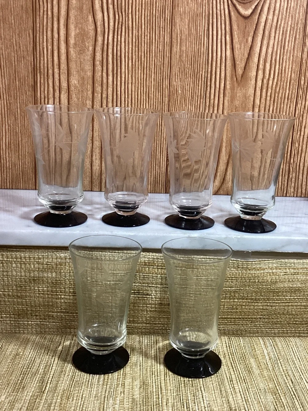 Vintage Etched Clear Glass Footed Cordial Glasses with Black Bases 6 holds 4 oz